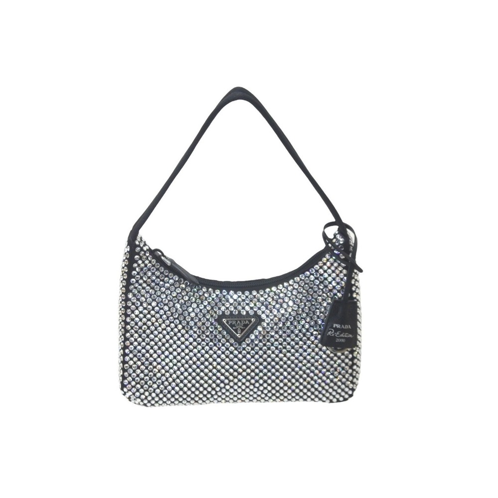 PRADA Crystal Satin Hobo Bag Black Triangle Logo